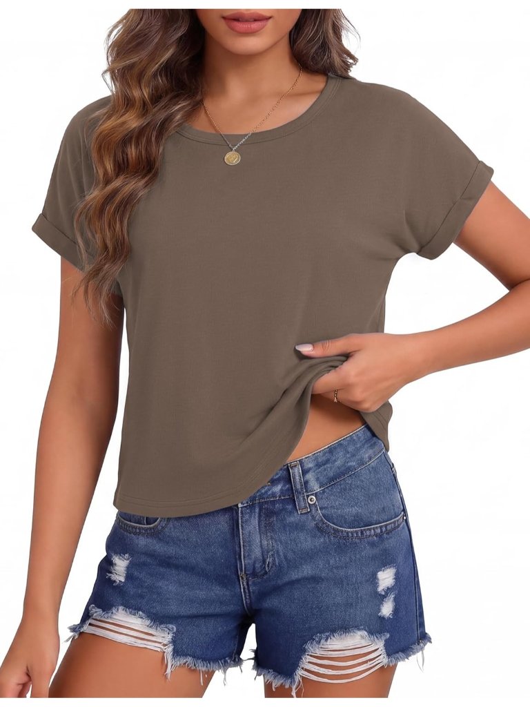 Women's Brown Roll Short Sleeve Crewneck Loose Fit Boxy Pull On Crop Tops